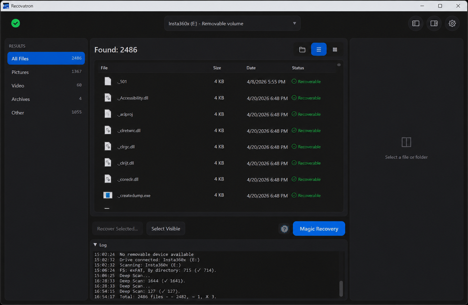 Recovatron for Windows: scan results from a removable exFAT drive. File names, types and recovery controls are visible. A scan result is not a guarantee that every file is intact.